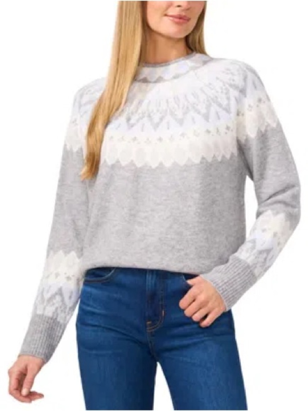 CeCe Gray and White Fair Isle Turtleneck Sweater